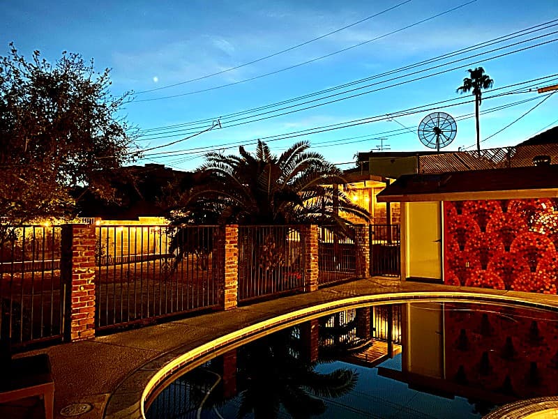 Backyard pool at dusk with palm trees and lighted brick fencing